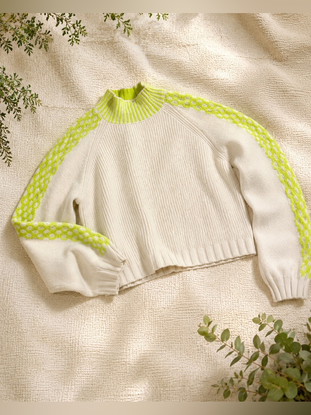 Wild Fable Boxy Mock Neck Sweater Small Cream Green Argyle Sleeve